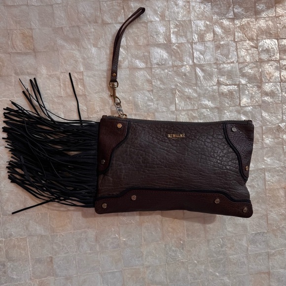 Mz Wallace Brown Black Clutch Bag with Fringe western style purse suede leather - Picture 9 of 14